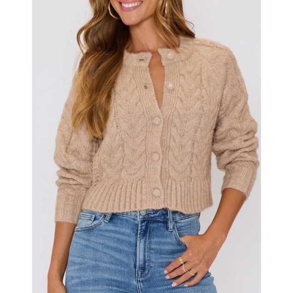 Vici Sweaters - VICI Harper Cable Knit Cardigan In Taupe Tan Women Size Large Crewneck Warm Cozy